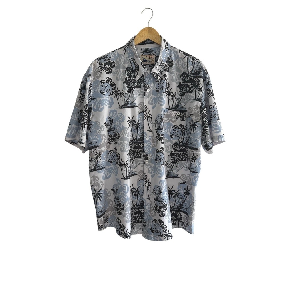 Huk Fishing Shirt Mens XL Blue Boating Palm Trees Short Sleeve Button‎ Down Logo